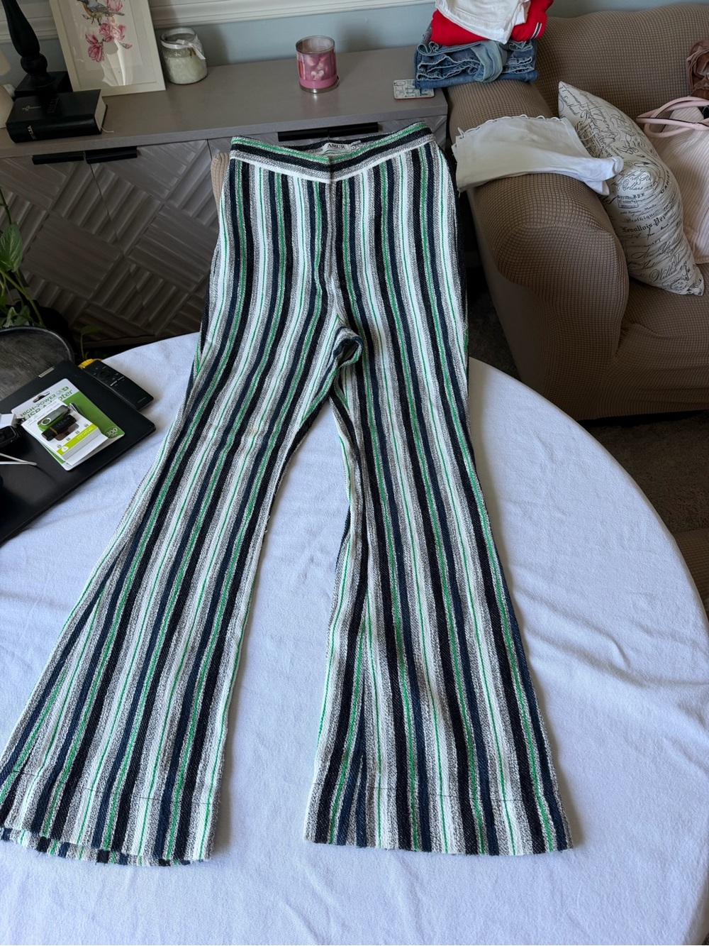 Striped Knit Flare Pants - Green/Black/White